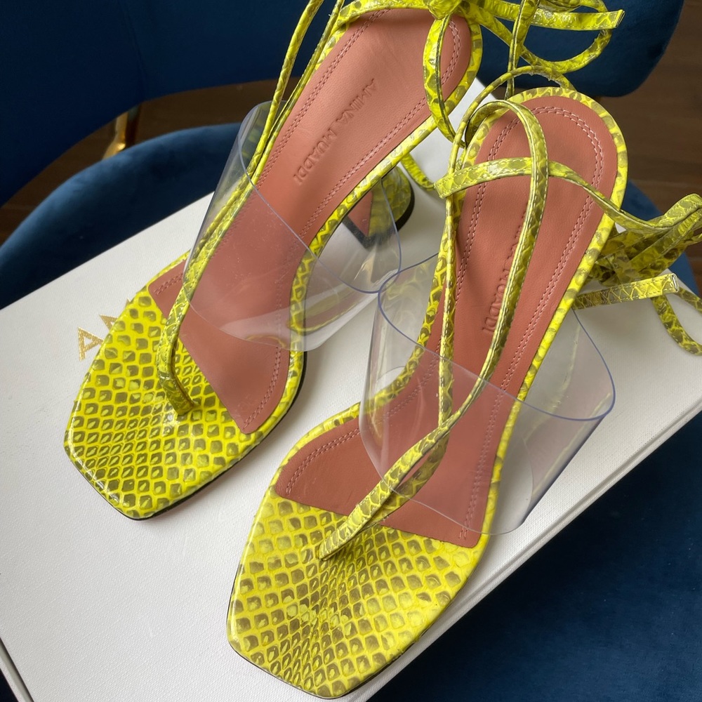 Amina Muaddi lime yellow snakeskin PVC Zula sandals